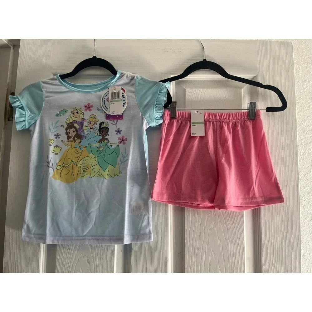 Disney Princess Girls 3-Piece Pajama Set Top Shorts Pants Pink Blue Size 8 NWT